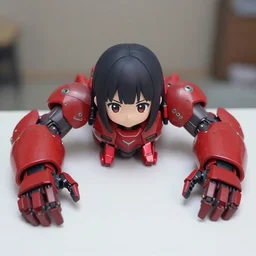 digital anime art, very small cute girl on a large table, red mech arms and red mech legs, blue watery eyes!!!, short gold hair!!!, red bikini, full body!!!, wlop, rossdraws