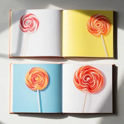 flatlay book collection, vivid colors, dramatic lighting, lollipops