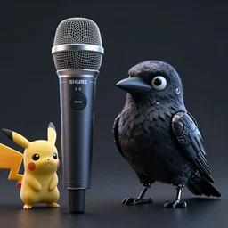 high quality 3 d render shure 5 5 s microphone next to very cute cyborg crow!, cyberpunk highly detailed, unreal engine cinematic smooth, in the style of blade runner & detective pikachu, hannah yata charlie immer, moody light, low angle, uhd 8 k, sharp focus