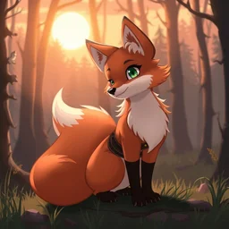 a pretty medieval anthropomorphic fox with a fluffy tail in the forest, comic art, trending on furaffinity, cartoon, kawaii, backlighting, furry art!!!, warm shading, concept art, sunset
