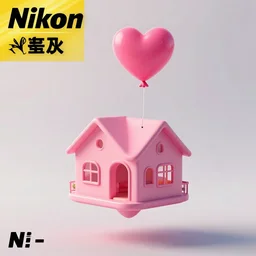 a 5 0 mm lens photograph of a cute pink floating modern house, floating up by a singular heart shaped vibrant tiny ballon from above the house, inspired by the movie up. mist, playful composition canon, nikon, award winning, photo of the year