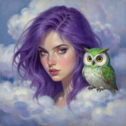 painting by krenz cushart!!, portrait of a beautiful cool girl and a little green owl, purple hair, floating in the clouds, finely detailed features, intricate brush strokes, beautiful lighting, trending on pixiv fanbox.