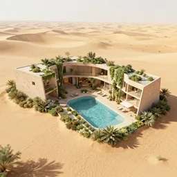 architectural rendering of brutalism habitat 6 7 in the desert, biophilia style, pool, garden