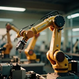 a 3 5 mm photo of a robotic arm in a factory, bokeh, canon 5 0 mm, cinematic lighting, film, photography, golden hour, depth of field, award - winning