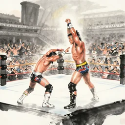 chinese ink painting of a wwe wrestling match