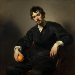 classical painting of a man sitting and holding an orange