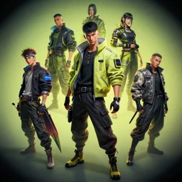 several cyberpunk character designs , Kim Jung Gi, trending on Artstation, 8K, ultra wide angle, pincushion lens effect