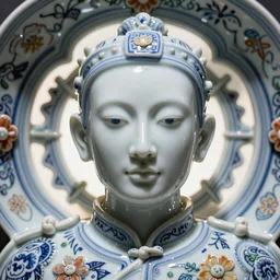 Sting from the Police, A Close up photo-real delicate ceramic porcelain sculpture of a symmetrical ornate detailed in front of an intricate background by Victo Ngai and takato yamamoto, micro detail, backlit lighting, face in focus, subsurface scattering, translucent, thin porcelain, octane renderer, colorful, physically based rendering, japanese pottery, trending on cgsociety