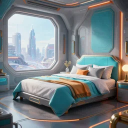 a gorgeous sci - fi bedroom matte painting by john harris, sparth and greg rutkowski. sharp edges, tiffany blue, grey orange, white and golden. sci - fi bedroom in a space base, outside the windows a future city skyline, light effect. ultra clear detailed, 3 d, octane render. 8 k