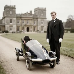 british skeleton with elegant suit, staff, mansion in background, 1 9 0 5, old photography, realistic n - 9