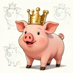 concept sketches of a pig wearing a gold crown by jamie hewlett, in the style of 1930s cartoons