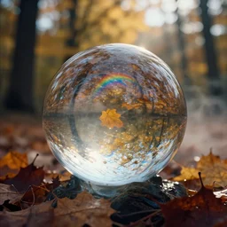 a 3 5 mm lomography long shot photo of melted clear soap fresnel ball rainbow turbulence surface in the sunshine autumn forest, falling autumn leaves are reflected in the ball, foggy bottom, god rays, ultrasharp, detailed, cinematic