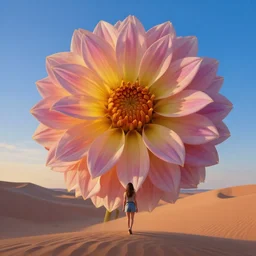 closeup giant dahlia flower head, a girl walking between dunes, surreal photography, sunrise, blue sky, dramatic light, impressionist painting, digital painting, artstation, simon stalenhag