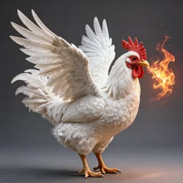 a white feathered chicken with the wings of a dragon and a spiked tail, breathing flames