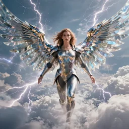 beautiful Kryptonian girl with full armor, clouds, hyper realistic, hyper detailed, octane render, cloudpunk, johannes voss, dynamic lightning, sharp focus, flight, huge wings, wings made of glass, volumetric, realistic, 3d render, Realistic Render, Cinematic lighting, Volumetric lighting, atmospheric, cinematic, unreal engine, unreal engine render, octane render, HD, photorealism, hyper realistic, photo, 8K, trending on artstation, concept art