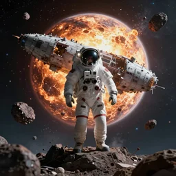 astronaut stranded on planet, destroyed ship, exploding planet in background, impending fear, 4 k, dystopian, lonely, isolated space station in space, sci - fi, crash landing, asteroids,
