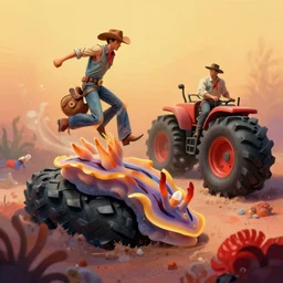 a cowboy turning into blooms by slim aarons, by zhang kechun, by lynda benglis. tropical sea slugs, angular sharp tractor tires. complementary colors. warm soft volumetric light. national geographic. 8 k, rendered in octane, smooth gradients. manly cowboy riding by edward hopper and frank frazetta. red accents.