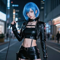 hyper realistic photograph portrait of cyberpunk pretty girl with blue hair, beautiful blue eyes, wearing a full leather outfit, holding a whip, in city street at night, by makoto shinkai, ilya kuvshinov