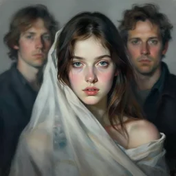 a very beautiful, cute face portrait of a young female draped in fabric by jenny saville and peter mohrbacher and roberto ferri, dramatic, dynamic lighting, sharp focus, motion