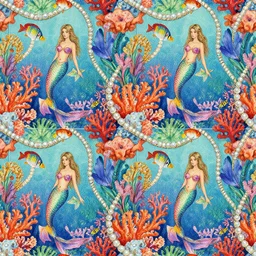 seamless tileable repeating pattern in the style of lily pulitzer, beautiful mermaids, colorful tropical reef coral, colorful fish, rope made of iridescent pearls,