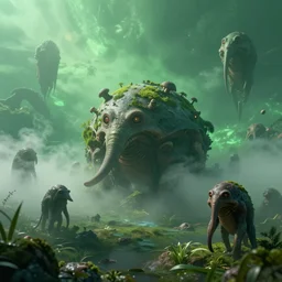 unknown creatures on a green mist filled planet 8 k hyperrealism