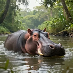 rainforest river with hippo, morning, african rainforest, hyper realism, very coherent art by artgerm, marquet albert, and studio ghibli, intricate, beautifully detailed line art, high quality, highly coherent, elegant concept art, octane render, volumetric light, dramatic cinematic lighting, slight depth of field, 8 k