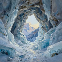 icy mountaintop cave, extremely detailed oil painting, unreal 5 render, digital art, landscape painting, octane render, beautiful composition, trending on artstation, award winning photograph, masterpiece
