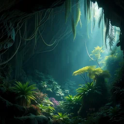 the overgrown jungle in a large cave system, surreal photography zzz, dramatic light, by victo ngai by james jean, by rossdraws, frank franzzeta, mcbess
