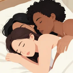 close - up portrait of a mixed race lesbian couple in love spooning in bed, very romantic, highly detailed, smooth, stylized, medium shot, vector line art, clean cel shaded vector art, by lois van baarle and ross tron, artgerm, helen huang, makoto shinkai, ilya kuvshinov, rossdraws