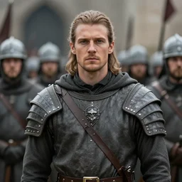 cinematic artwork of a medieval commander his late twenties standing in front of his army with light brown hair tied back, a large forehead, a widows peak and a round face with high cheekbones by greg rutowski, 4 k, masterpiece, sun rays