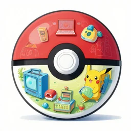 high quality cutout diagram of a pokeball. inside various devices and a pokemon can be seen. 6 0's style cutout blueprint colorful