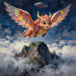 shy mountain summit taking a peek through the clouds, fog, with curious eyes. joy of life happy flying creature devil dream mothership with petal wings. iridescence glowing. painting by yves tanguy, jean delville, rene magritte, max ernst, monet