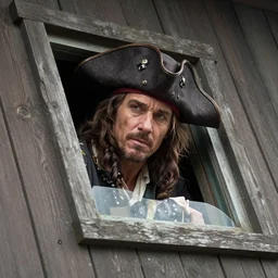 slanted angle, russell crowe as javert with large wide pirate captain hat peering out concerned down to camera from a small glass window in a wooden wall, 2 0 1 2