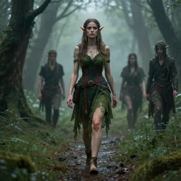 female elf walking in a forest, rainy, dreamlike art, mist, realistic shaded, fine details, 4 k realistic, cryengine, realistic shaded lighting poster by greg rutkowski, magali villeneuve, artgerm, jeremy lipkin and michael garmash and rob rey