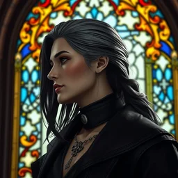 side - view portrait of yennefer from the witcher 3, black choker necklace, black jacket, tenth century stained glass window, very masterful