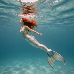beautiful curvy perfect mermaid under the water with flowing tail swims peacefully under the ocean surface on a warm sun filled day, her red hair trails behind her floating in the water. natural beauty gorgeous stunning photo