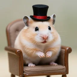 cute hamster sitting in a miniature chair while wearing a top hat, macro, close up dslr,