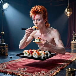 “David Bowie eating sushi with while floating on a magic carpet”