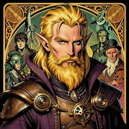 a detailed portrait illustration of an elven steampunk wizard. handsome bearded male face, blonde hair. art nouveau, pop art, comic book style. influenced by neil gaiman, h. p. lovecraft, dan mumford, android jones, vadim voitekhovitch, killian eng, ross tran.