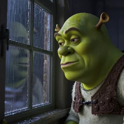 Shrek staring at his window, raining reflection, dramatic lighting, headshot, dramatic angle, morbid, depressing, nostalgic, relief, realistic, 4k resolution, 4k, highly detailed, extremely detailed face, extremely sad, 8k
