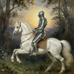 a knight wearing armor of glass and thorns that rides a white unicorn into a forest clearing, by john constable, illustration, radiant evening light, awe inspiring