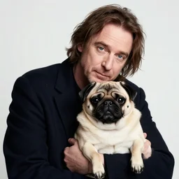 mark e smith embracing a pug