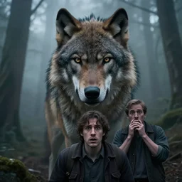 detailed cinematic moody colors studio portrait of a distant big werewolf at the foggy forest, in front of a scared gentleman high quality by jeremy mann, only one head single portrait