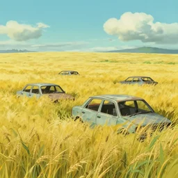 several abandoned cars in an endless wheat field, highly detailed, animated, lovely, dreamy, Morandi colour scheme, strong light and shadow atmosphere, painted by Ghibli