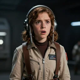 star wars portrait of a woman by greg rutkowski, jaina solo, wavy brown hair, wearing a starfighter pilot uniform of the galactic alliance, shocked and incredulous, she is about 2 0 years old, sharp foccus, artstation hq.