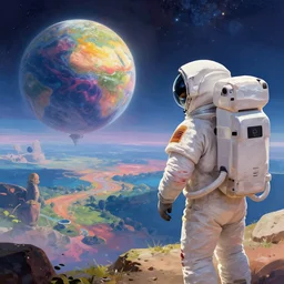 an astronaut abserving a beautiful vista on an strange colorful world, digital painting, trending on artstation