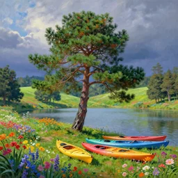 beautiful pine tree landscape, colorful flowers, a lake , three big kayaks, trees in the grassy hills, dramatic lighting, cinematic, establishing shot, extremly high detail, Colorful, by Monet, concept art, artstation, matte painting