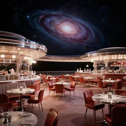 a scenic view of the restaurant at the end of the universe, interstellar, Hubble, 1950's style restaurant, cinematic,