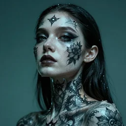 hyperrealistic hyper detailed neo-surreal 35mm portrait of cyborg entity covered in gothic flower tattoos matte painting concept art hannah yata very dramatic dark teal lighting low angle hd 8k sharp shallow depth of field