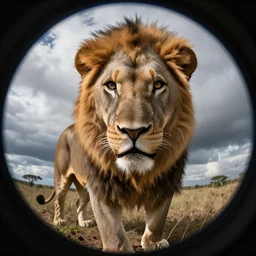 Fish eye photo of a lion about to eat the camera